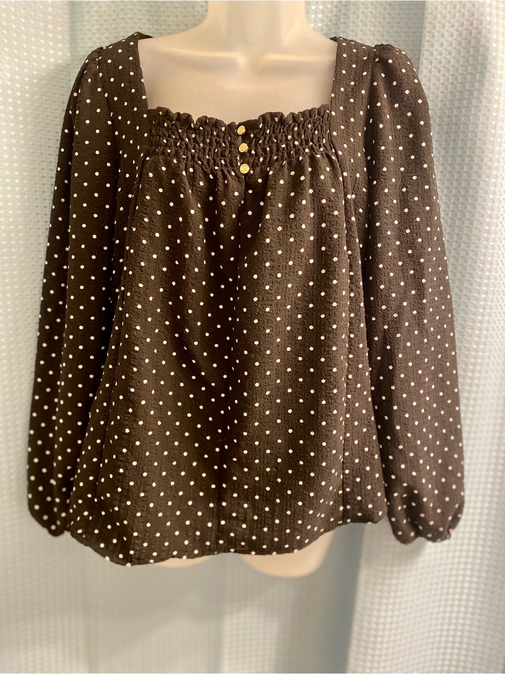 Drapery James Polka Dot Smocked Square-Neck Top in Black M